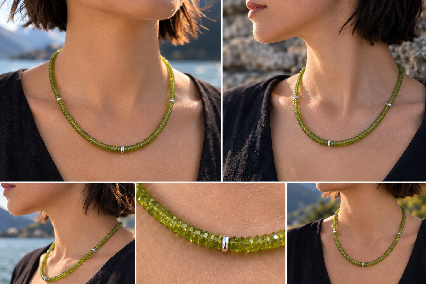 Collage showing a woman wearing a handmade natural peridot necklace with graduated faceted rondelle beads and sterling silver 925 details by De Giorgi Gioielli.